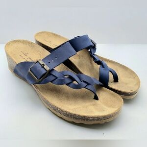 Mila Paoli Women 9.5 Cork Wedge Leather Sandals Blue Toe Wrap Braid Buckle Strap